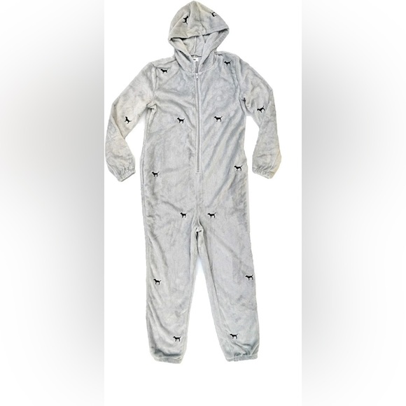Victoria Secret Pink Teddy Soft Pajama Onesie M/L Dogs Gray one piece RARE - Picture 1 of 6